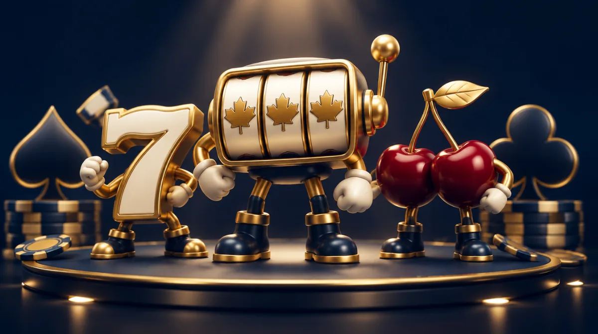 Stylised 3D slot characters standing on a spotlit stage