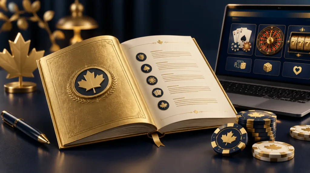 A golden rulebook with a maple leaf seal open beside a laptop and chips