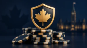 A golden shield with a maple leaf above a stack of chips, symbolising provincial regulation