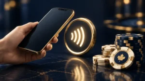 A smartphone held near a contactless symbol made of light, with casino chips beside it