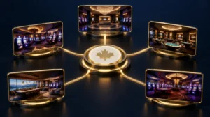 Several casino lobby screens connected by golden lines to one central hub