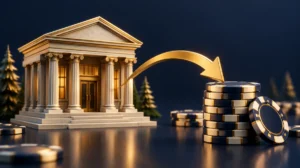 A classic bank building facade with a golden arrow leading to a stack of chips