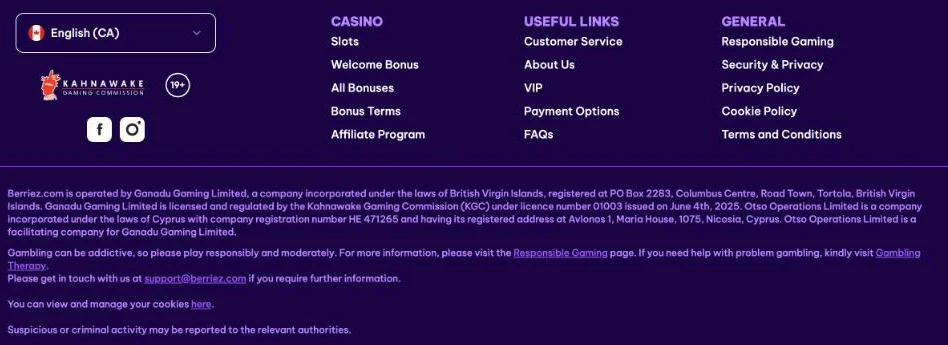 Screenshot of the Berriez Canada footer showing the Kahnawake Gaming Commission and 19+ badges and the statement that Ganadu Gaming Limited is licensed by the KGC under licence number 01003