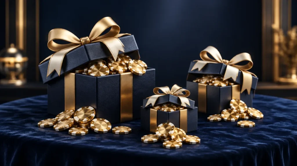 Three gift boxes of different sizes on a velvet table, each with gold chips spilling out