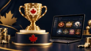A trophy made of gold chips on a podium with a red maple leaf and a laptop casino lobby