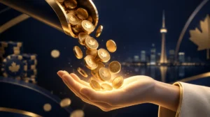 Gold coins pouring from a chute into an open hand of light