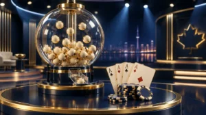 A TV-studio game set with a lottery ball machine and playing cards under spotlights