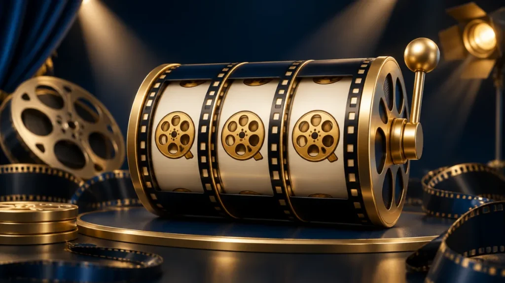 Cinematic 3D slot reels with a film-reel motif and dramatic stage lighting