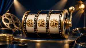 Cinematic 3D slot reels with a film-reel motif and dramatic stage lighting