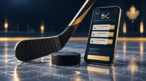 A hockey stick and puck on ice beside a smartphone showing a betting slip
