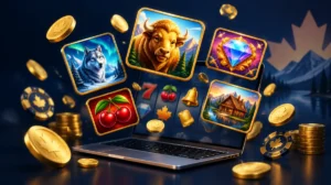Colourful cartoon-style slot game tiles floating above a laptop with gold coins