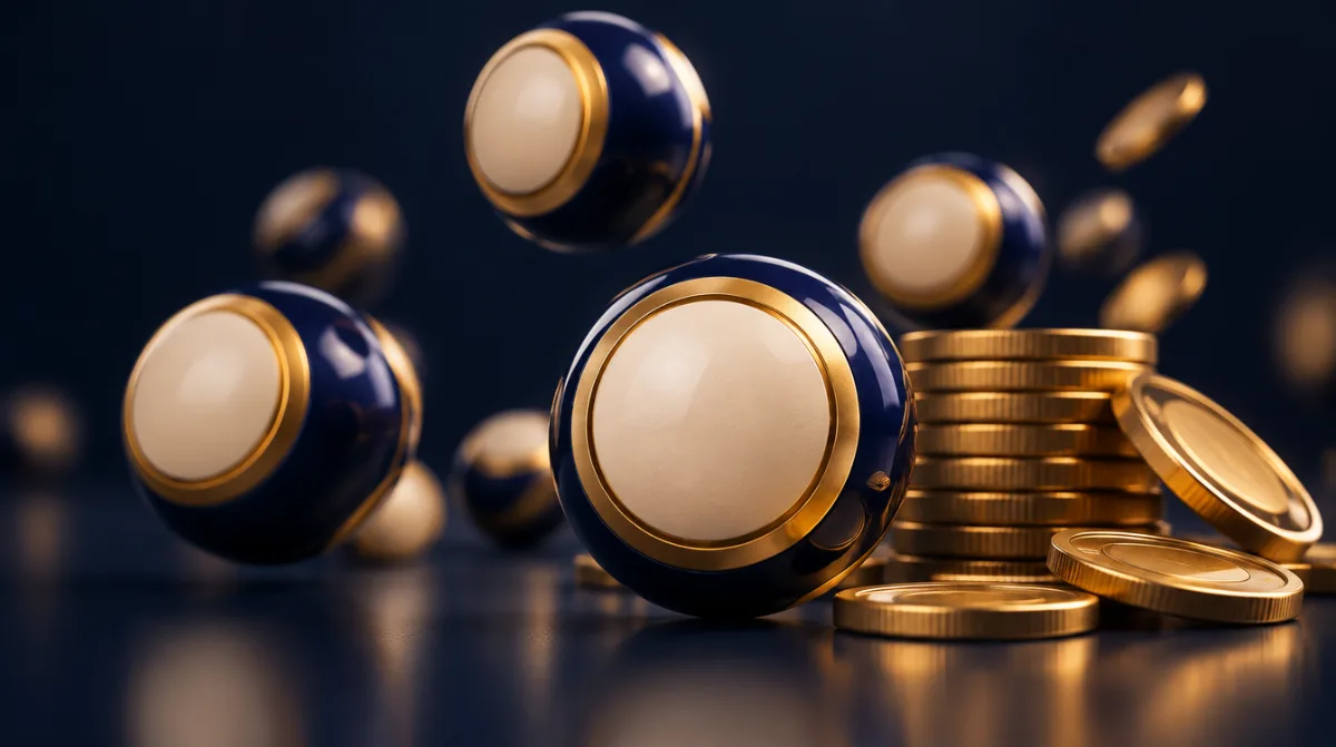 Bingo balls tumbling beside a small pile of gold coins