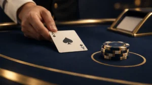 A blackjack table close-up with a dealer's ace showing and a small stack of insurance chips