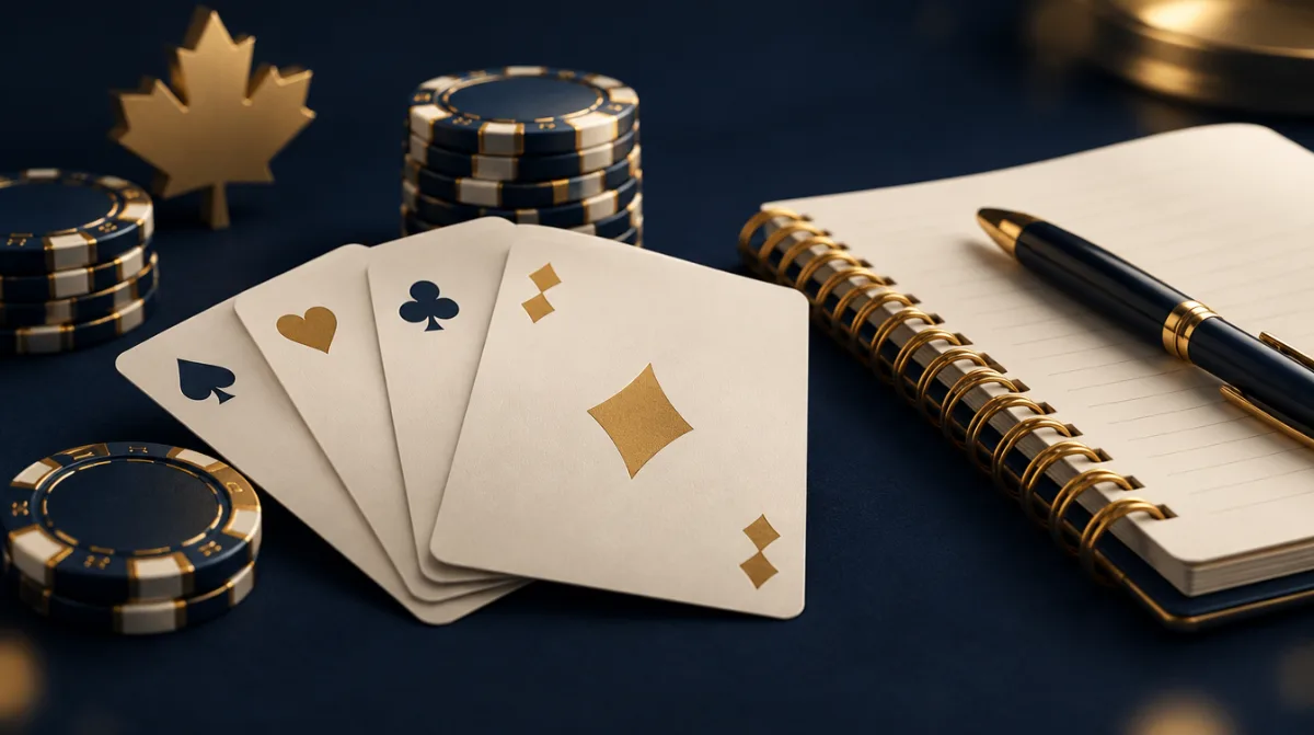Playing cards fanned out next to a notebook and chips