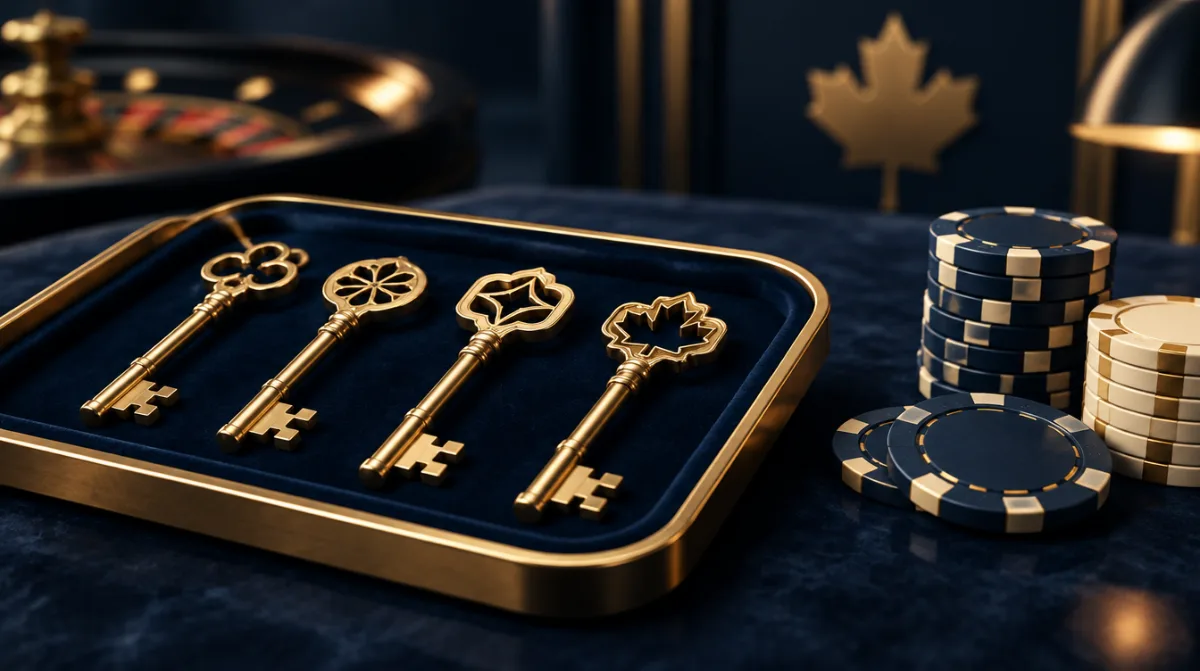 Several golden keys on a velvet tray beside casino chips