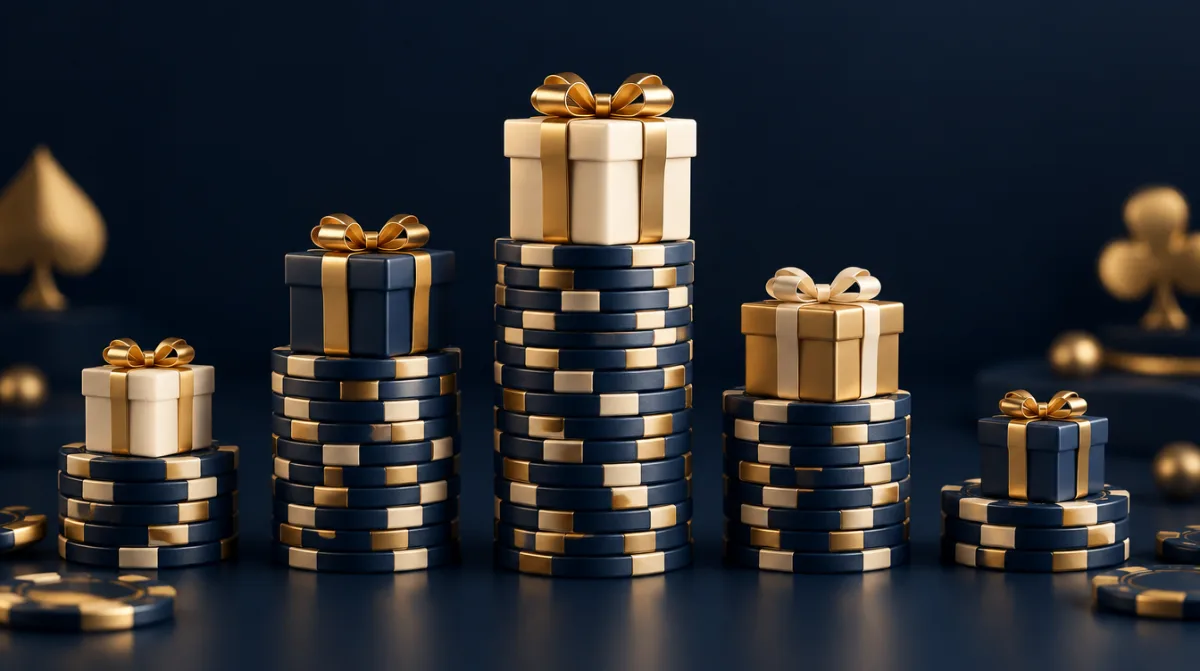 Several chip stacks of different heights, each with a gift box
