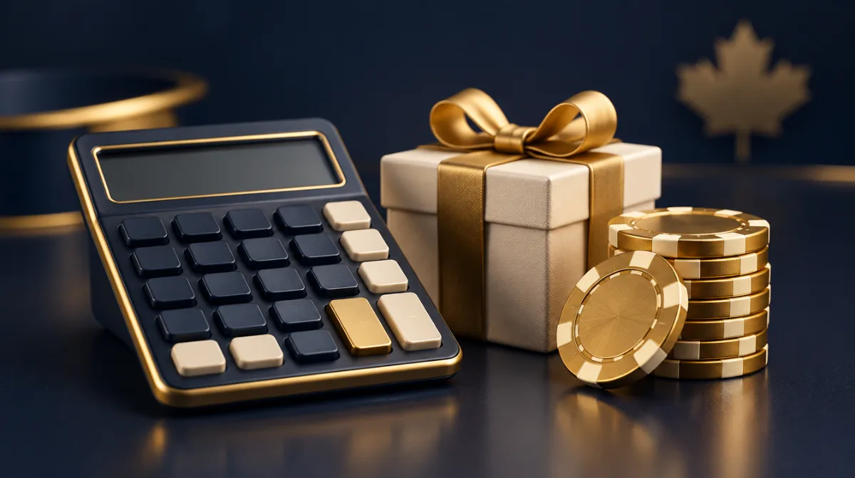 A calculator beside a small gift box and a neat stack of gold chips