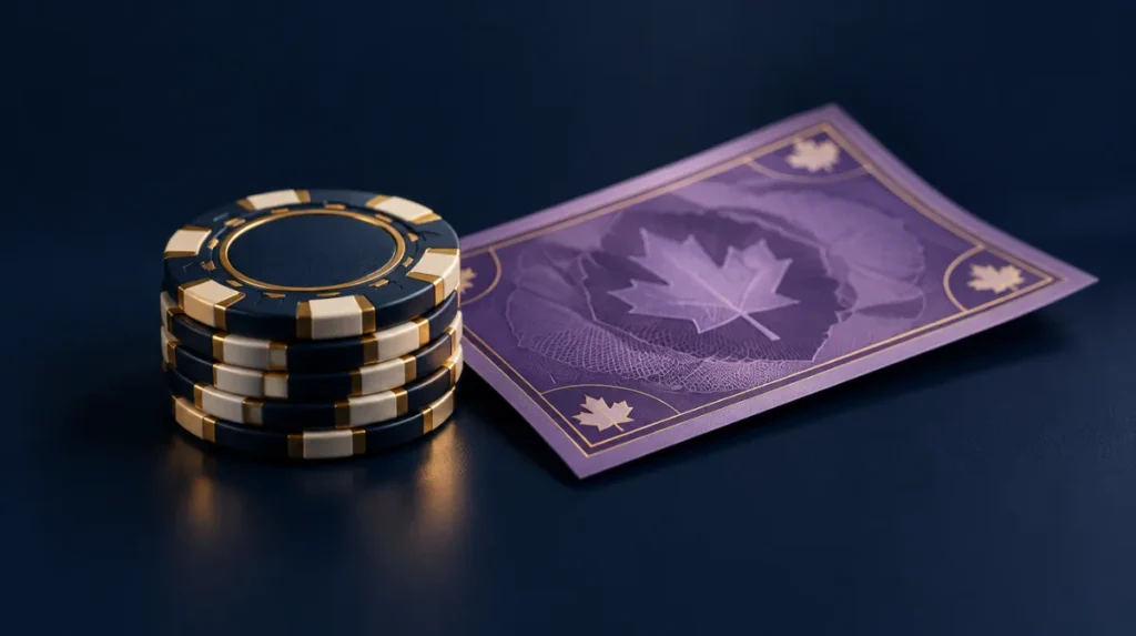 A small neat stack of chips next to a purple banknote-style note