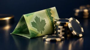 A green banknote-style note folded beside casino chips