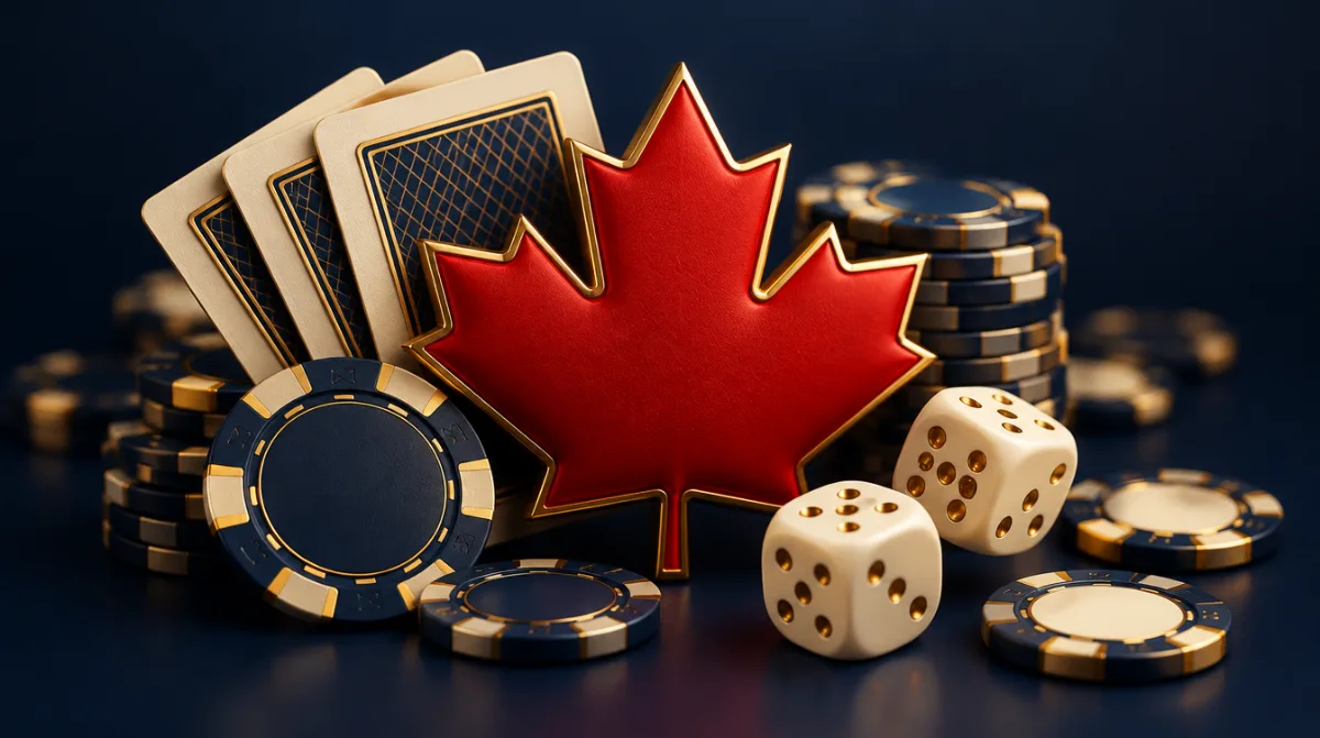 A red maple leaf surrounded by casino chips, cards and dice