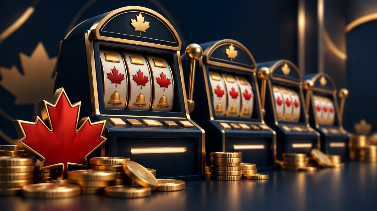 Several slot machines in a row with gold coins and a red maple leaf