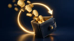 Gold coins flowing back into an open wallet in a circular arrow of light