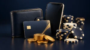 A wallet, bank card, phone and coins arranged neatly beside casino chips