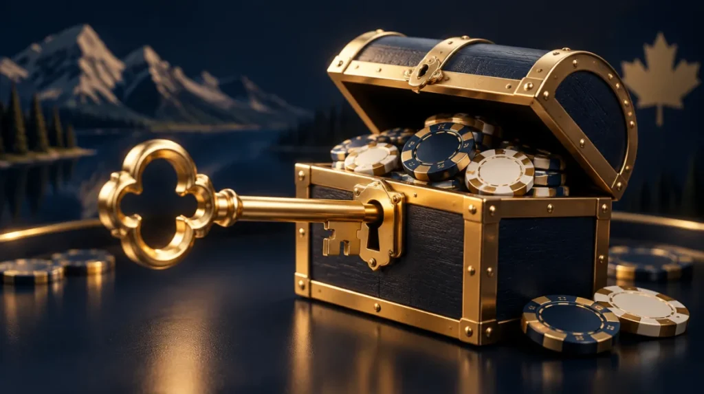 A golden key unlocking a small treasure chest filled with casino chips