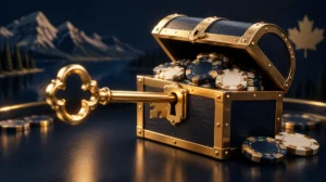 A golden key unlocking a small treasure chest filled with casino chips