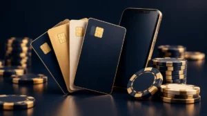 Several payment cards and a smartphone fanned out next to casino chips