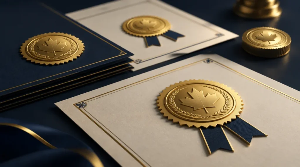 Several golden licence seals arranged on official documents