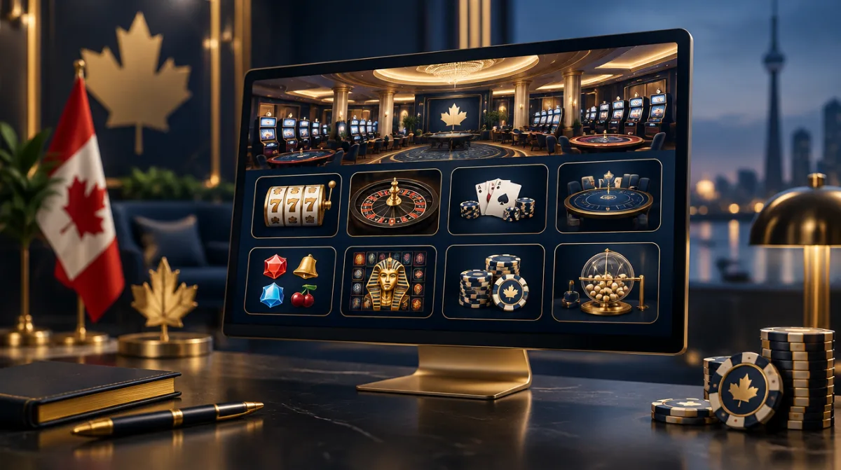 A casino lobby on a monitor with neatly arranged game tiles