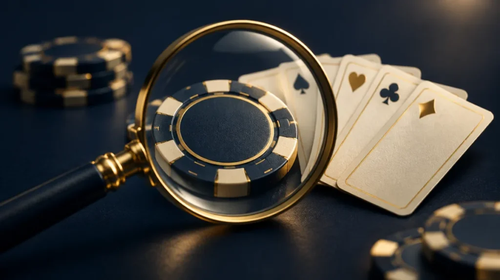 A magnifying glass held over a casino chip and a set of playing cards