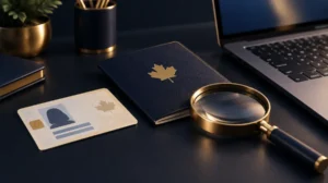 An ID card, a passport and a magnifying glass on a desk beside a laptop