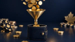 Gold coins flowing through a narrow funnel into a wallet