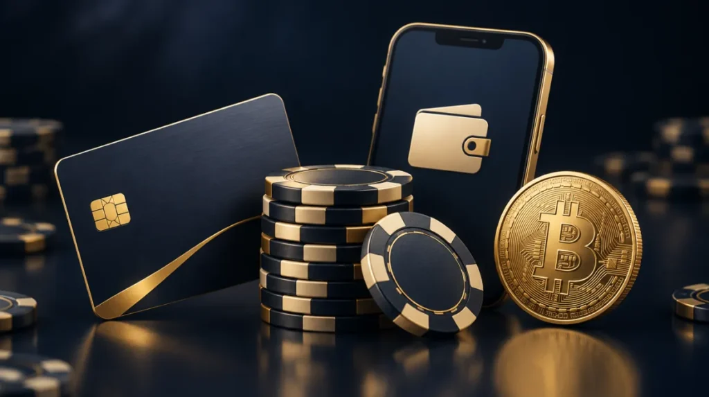 A bank card, e-wallet phone and crypto coin arranged around a stack of chips