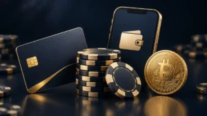 A bank card, e-wallet phone and crypto coin arranged around a stack of chips