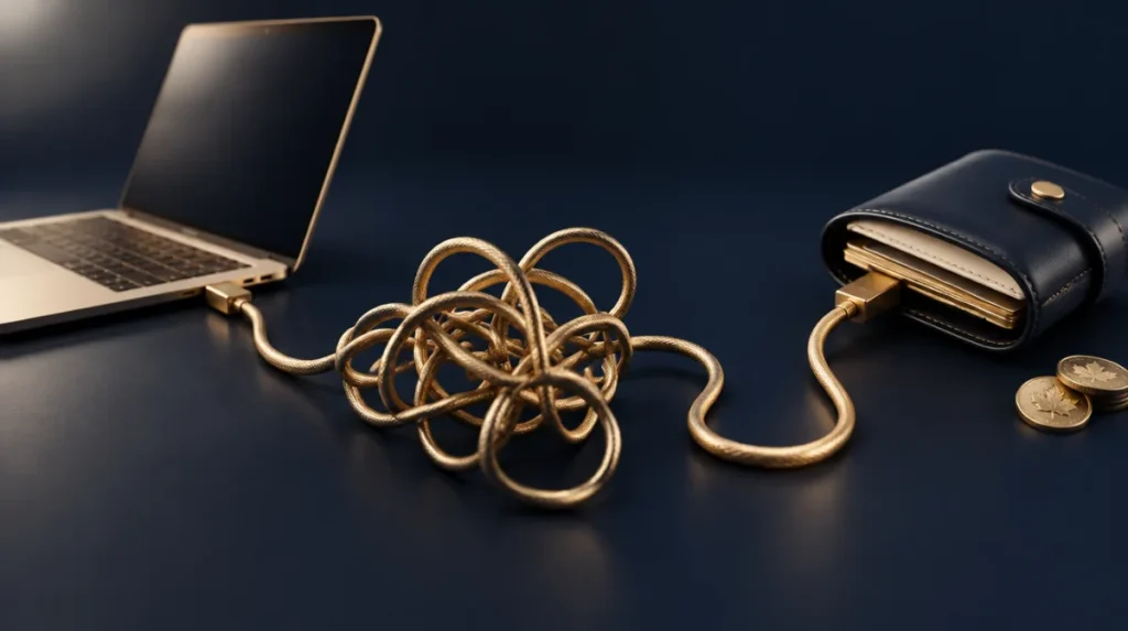 A tangled golden cable leading from a laptop to a wallet, partly untangled