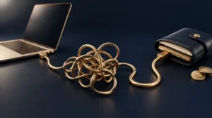 A tangled golden cable leading from a laptop to a wallet, partly untangled