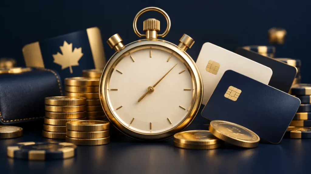 A large stopwatch surrounded by gold coins and payment cards