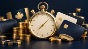 A large stopwatch surrounded by gold coins and payment cards