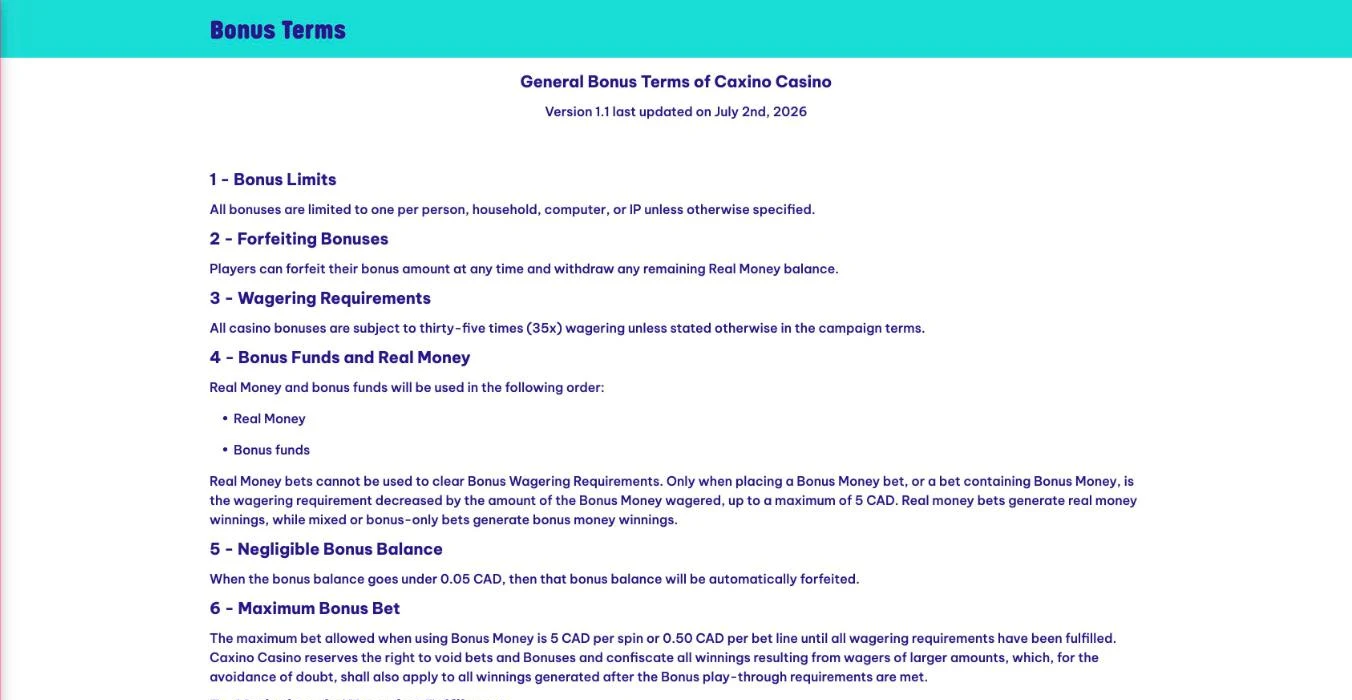 Screenshot of the Caxino Canada general bonus terms showing 35x wagering on casino bonuses and a maximum bet of 5 CAD per spin or 0.50 CAD per bet line with bonus money