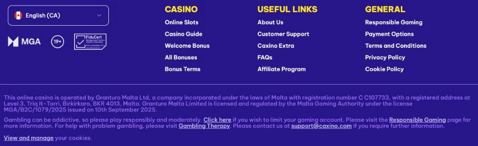 Screenshot of the Caxino Canada footer showing the MGA and 19+ badges and the statement that Granturo Malta Ltd is licensed by the Malta Gaming Authority under licence MGA/B2C/1079/2025