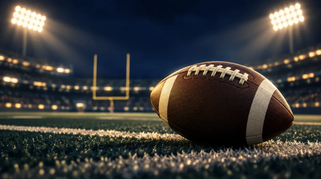A Canadian football on a field at night under stadium lights