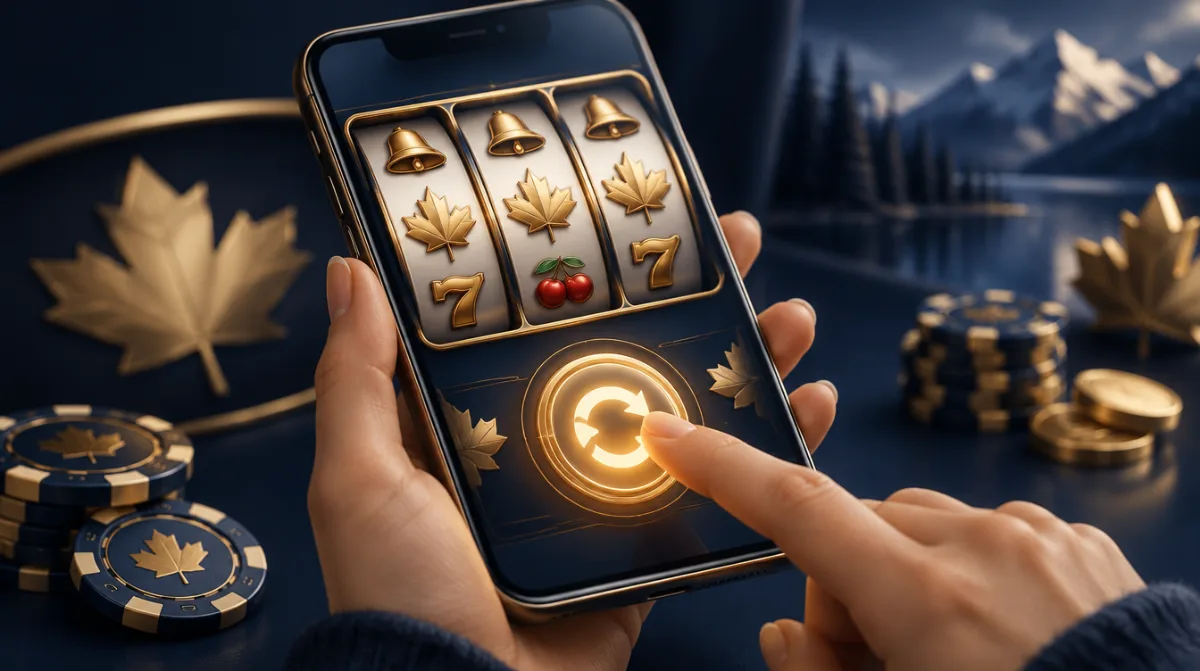 A smartphone showing a slot game with a glowing spin button being tapped