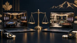 Two laptop screens side by side showing different casino lobbies, with a balance scale between them