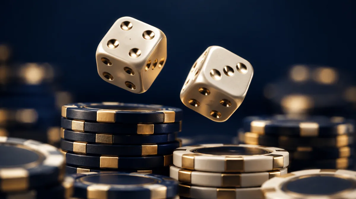 Two dice in mid-roll above stacks of chips