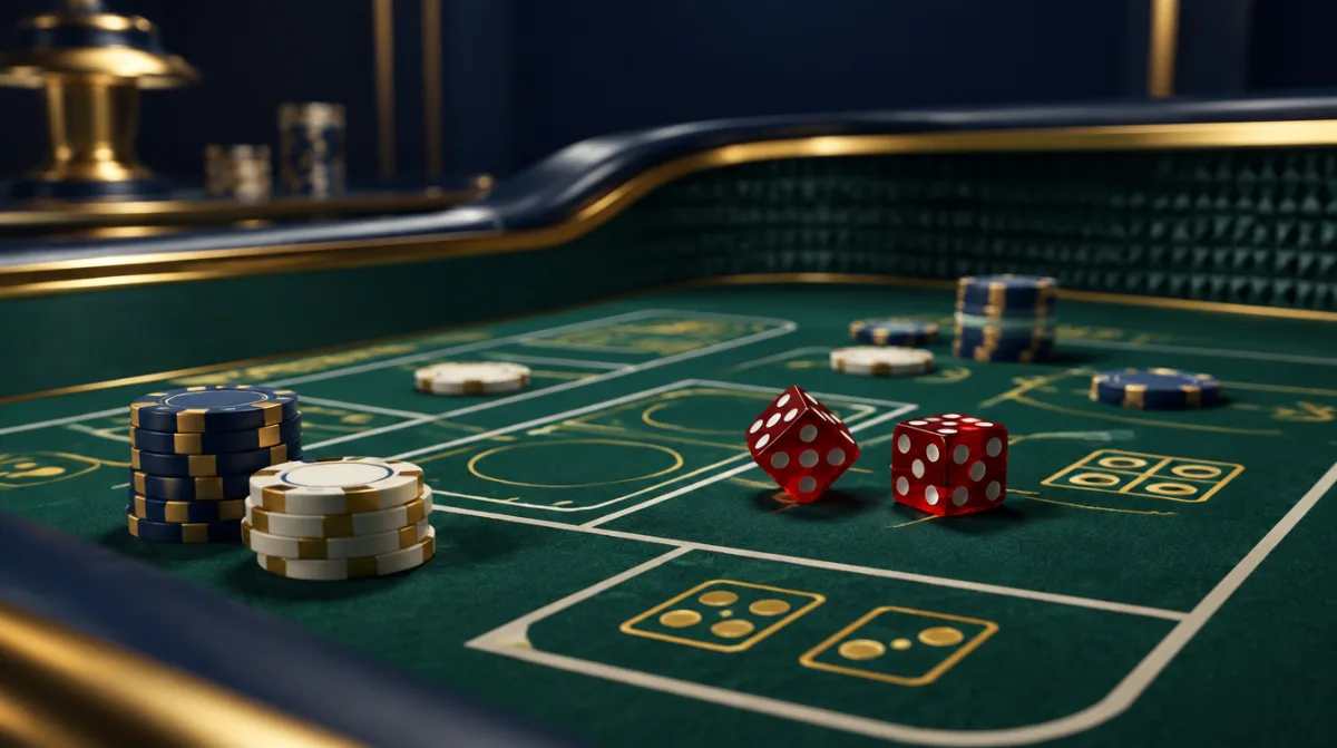 A green craps table with dice and chips placed on the betting areas