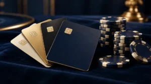 Credit cards fanned out on a dark velvet table next to casino chips