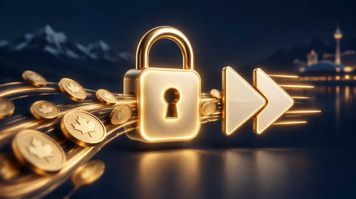 A glowing padlock over a stream of digital coins and a fast-forward arrow